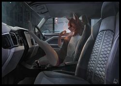  2021 absurd_res anthro ayabemiso barefoot black_border black_clothing black_shirt black_topwear border breasts brown_body brown_fur brown_hair building canid car cigarette clothing detailed_background feet female fur hair hi_res holding_cigarette holding_object inside_car jacket mammal mini_(car) open_mouth ring seat shirt side_view solo topwear vehicle wheel white_clothing white_jacket white_topwear 