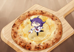  blush chibi closed_eyes closed_mouth commentary_request female food food_focus hair_flaps hinata_yuu holding in_food kantai_collection long_hair low_twintails mini_person minigirl pantyhose photoshop_(medium) pizza purple_hair smile solo standing standing_on_object standing_on_one_leg taigei_(kancolle) twintails whale 