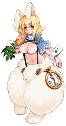  absurdres animal_ears blonde_hair blush breasts carrot chains cleavage clock enty_reward female full_body highres kenkou_cross large_breasts looking_at_viewer monster_girl monster_girl_encyclopedia official_art paid_reward rabbit_ears rabbit_girl rabbit_tail red_eyes short_hair simple_background solo tail wererabbit_(monster_girl_encyclopedia) white_background 