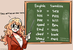  :d artist_name bikini blazer bra breasts brown_background chalk chalkboard cleavage cool_s curly_hair dickbutt english_commentary english_text female freckles glasses highres ida_(murgoten) jacket large_breasts long_hair mole mole_on_breast murgoten open_mouth orange_hair original pointer sexually_suggestive smile solid_circle_eyes swedish_text swimsuit teacher teaching underwear 