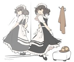  black_eyes black_footwear black_hair blush brown_hair changing_clothes dress female fitting_room full_body hat high_heels highres looking_at_mirror maid mirror original short_hair simple_background skirt smile solo temmie_chang temmie_chang_(character) trying_on_clothes 