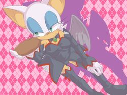  4:3 anthro bat black_clothing black_dress boots breasts cleavage clothed clothing dress eyelashes eyeshadow female footwear fur gloves green_eyes half-closed_eyes handwear holding_object lipstick makeup mammal membrane_(anatomy) membranous_wings narrowed_eyes nashi_(intothe_bluesky) pattern_background pink_background rouge_the_bat sega simple_background solo sonic_the_hedgehog_(series) standing white_body white_fur wings 