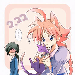  1boy ahiru_(princess_tutu) ahoge animal animal_ears black_hair blue_eyes braid braided_ponytail cat_ears dated facing_viewer fakir_(princess_tutu) feline female freckles holding holding_animal holding_cat long_sleeves neko-sensei orange_hair pink_background princess_tutu puffy_long_sleeves puffy_sleeves school_uniform simple_background suzuki_(2red_moon3) sweatdrop upper_body 