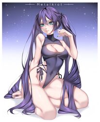  alternate_costume artist_name black_leotard blue_eyes blush breasts cleavage cleavage_cutout clothing_cutout covered_collarbone covered_navel female genshin_impact hair_behind_ear head_tilt highres leotard long_hair medium_breasts metalkrot mona_(genshin_impact) nail_polish purple_hair purple_nails sitting skindentation smile solo twintails very_long_hair 