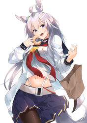  ahoge animal_ears bag black_choker black_pantyhose blue_eyes blue_skirt choker cowboy_shot doughnut ear_ornament female food food_bite grey_hair hair_between_eyes highres holding holding_bag holding_food horse_ears horse_girl looking_at_viewer midriff multicolored_hair navel neckerchief oguri_cap_(umamusume) open_mouth pantyhose paper_bag red_neckerchief shirt simple_background skirt smile solo streaked_hair tamazon umamusume white_background white_shirt 