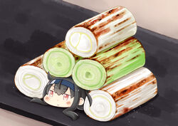  black_hair blush chibi closed_mouth commentary_request female food food_focus food_on_body hatsushimo_(kancolle) headband hinata_yuu kantai_collection long_hair lying on_stomach plate red_eyes sidelocks simple_background solo spring_onion 