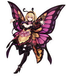  :d absurdres antennae arthropod_girl blonde_hair boots breasts butterfly_girl butterfly_wings drinking_straw enty_reward female flower full_body hairband high_heel_boots high_heels highres insect_wings kenkou_cross large_breasts looking_at_viewer monster_girl monster_girl_encyclopedia official_art open_mouth outstretched_arms paid_reward papillon_(monster_girl_encyclopedia) photoshop_(medium) pink_wings red_eyes short_hair simple_background smile solo spread_arms thigh_boots thighhighs white_background wings 