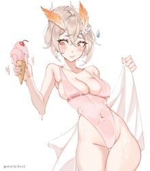  antennae blonde_hair blue_nails blush breasts brown_eyes casual_one-piece_swimsuit cherry collarbone covered_navel english_commentary female food fruit highres holding holding_towel ice_cream ice_cream_cone indie_virtual_youtuber leaning_back looking_down melting metalkrot nail_polish nervous one-piece_swimsuit pink_one-piece_swimsuit sanagi_yuzu simple_background solo sweat sweatdrop swimsuit towel twitter_username virtual_youtuber white_background 