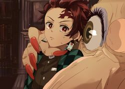  1boy arm_around_shoulder bookshelf brown_eyes brown_hair checkered_clothes checkered_kimono commentary_request crossover demon_slayer_uniform derivative_work earrings eyeshadow female fingernails hair_slicked_back hanafuda highres indoors japanese_clothes jewelry kamado_tanjirou kimetsu_no_yaiba kimono looking_at_another makeup red_eyes red_nails scar scar_on_face sen_to_chihiro_no_kamikakushi sharp_fingernails short_hair sweatdrop uniform upper_body yubaba yukasa_(yu_sa18) 