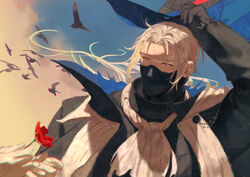  1boy absurdres arknights ascot bird black_headwear cloud flower highres holding holding_flower long_hair male_focus mask mouth_mask red_eyes red_flower rose shanguisantai sidelocks sky solo_focus ulpianus_(arknights) upper_body white_hair 