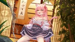  :d animal_ears architecture bare_legs blush breasts calligraphy cat_ears cat_girl cat_tail chinese_text cleavage cowboy_shot east_asian_architecture female frilled_skirt frills grass hair_ribbon hanging_scroll hiiro_(vtuber) indie_virtual_youtuber japanese_clothes kimono kneeling large_breasts laska_(572124034) leaf long_hair looking_at_viewer lower_teeth_only milestone_celebration miniskirt off_shoulder pink_hair purple_skirt red_ribbon ribbon scroll shirt skirt skirt_hold smile solo tail teeth tube virtual_youtuber water water_drop white_shirt yellow_eyes 