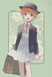  :d ahoge azuki_(aduki) bare_legs black_hat black_jacket border buttons emma_(yakusoku_no_neverland) feet_out_of_frame female floral_background green_background green_eyes hat highres holding holding_suitcase jacket looking_at_viewer neck_tattoo necktie number_tattoo official_alternate_costume open_clothes open_jacket open_mouth pleated_skirt red_necktie shirt short_hair simple_background skirt smile solo suitcase tattoo twitter_username vest wavy_hair white_shirt white_skirt white_vest yakusoku_no_neverland 