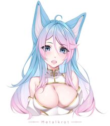  animal_ears artist_name blue_eyes blue_hair blush breasts cleavage cleavage_cutout clothing_cutout cowlick cropped_torso detached_sleeves dress english_commentary female gradient_hair hair_between_eyes highres indie_virtual_youtuber large_breasts looking_at_viewer metalkrot multicolored_hair open_mouth pink_hair portrait silvervale simple_background solo virtual_youtuber waist_cutout white_background white_dress wolf_ears wolf_girl 