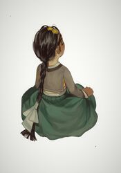  absurdres black_hair bow braid female flower from_behind hairbow hanbok highres korean_clothes lolicon long_hair long_sleeves looking_at_viewer mindle_(mossacannibalis) mossacannibalis original sideways_glance simple_background solo white_background white_bow yellow_flower 