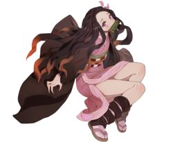  black_hair cropped gag gwayo japanese_clothes kamado_nezuko kimetsu_no_yaiba kimono long_hair pink_eyes white 