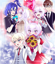  axia-chan balloon blonde_hair blue_hair blush bow breasts brown_hair business_suit cleavage fingerless_gloves flower formal glasses gloves hair_ornament headband heart_balloon highres jacket_rolled_up kazanari_tsubasa kazanari_tsubasa_(another) large_breasts leopold_(symphogear) long_hair medium_breasts multiple_girls necktie ogawa_shinji_(symphogear) open_mouth ponytail ribbon senki_zesshou_symphogear senki_zesshou_symphogear_xd_unlimited short_hair smile suit sunflower sweater thighhighs white_day white_hair yukine_chris yukine_chris_(another) yukine_christina 