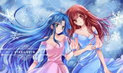  2girls absurdres blue_background blue_dress blue_hair breasts brown_hair character_name cleavage dress fine_(futagohime) fushigiboshi_no_futago_hime green_eyes highres long_hair multiple_girls pink_dress puffy_sleeves red_eyes rein_(futagohime) small_breasts snowflakes suzuki_(2red_moon3) very_long_hair 