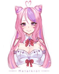  absurdres ahoge artist_name breasts cleavage cone_hair_bun cropped_torso detached_collar detached_sleeves double_bun dress english_commentary female hair_bun heart heart_ahoge highres ironmouse ironmouse_(fallen_angel) long_hair looking_at_viewer medium_breasts metalkrot multicolored_hair pink_hair portrait purple_eyes purple_hair red_ribbon ribbon smile solo straight-on streaked_hair virtual_youtuber vshojo white_background white_dress 