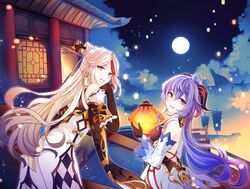  2girls ahoge annerica bare_shoulders bell black_gloves blue_hair building china_dress chinese_clothes city commentary_request curled_horns detached_sleeves dress full_moon ganyu_(genshin_impact) genshin_impact gloves gold_trim hair_ornament hairpin horns lantern long_hair looking_at_viewer moon multiple_girls night ningguang_(genshin_impact) red_eyes very_long_hair white_hair white_sleeves 