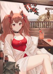  angelina_(arknights) angelina_(summer_flower)_(arknights) animal_ear_fluff animal_ears arknights beam black_collar breasts brown_hair casual_one-piece_swimsuit city cleavage collar commentary drink earpiece feet_out_of_frame female food fox_ears fruit hair_ribbon highres infection_monitor_(arknights) italian_commentary jewelry keaworks looking_at_viewer medium_breasts necklace official_alternate_costume one-piece_swimsuit outdoors red_eyes red_one-piece_swimsuit red_ribbon ribbon sitting smile solo swimsuit swimsuit_cover-up twintails 