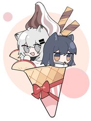  2girls ahoge animal_ears arknights black_hair black_jacket blush bow chibi commentary_request eating food grey_eyes grey_hair hair_ornament hairclip ice_cream_cone in_food jacket lappland_(arknights) looking_at_viewer mouth_hold multiple_girls open_mouth pocky red_bow simple_background texas_(arknights) white_background white_jacket wolf_ears xijian yellow_eyes 