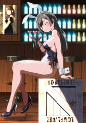  akiyama_(yehonatan) animal_ears bare_shoulders black_hair black_leotard blush breasts detached_collar fake_animal_ears fake_tail female grey_eyes high_heels highleg highleg_leotard highres holding indoors leotard looking_at_viewer love_live! love_live!_nijigasaki_high_school_idol_club medium_breasts one_eye_closed playboy_bunny rabbit_ears rabbit_tail side-tie_leotard sitting smile solo strapless strapless_leotard tail wrist_cuffs yuki_setsuna_(love_live!) 