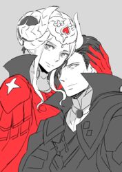  1boy armor black_hair blue_eyes cape cheekbones commentary_request edelgard_von_hresvelg female fire_emblem fire_emblem:_three_houses gloves hair_ornament hair_over_one_eye hubert_von_vestra hug long_hair looking_at_viewer short_hair simple_background smile uniform zbrk 