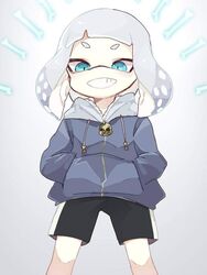  aqua_eyes bad_id bad_pixiv_id black_shorts blue_eyes blue_hoodie bone cosplay female hand_in_pocket hood hoodie ika_esu inkling long_sleeves looking_at_viewer looking_down pearl_(splatoon) sans_(undertale) sans_(undertale)_(cosplay) short_hair shorts simple_background smile solo splatoon_(series) splatoon_2 standing teeth undertale white_background white_hair 