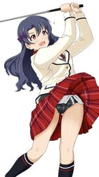  black_hair black_panties bow brown_hair female golf_club hairbow high_schoolmate_(idolmaster) highres honokakao idolmaster idolmaster_million_live! idolmaster_million_live!_theater_days long_hair long_sleeves motion_lines open_mouth panties pantyshot plaid plaid_panties red_eyes school_uniform simple_background smile solo takayama_sayoko underwear uniform_series_(idolmaster) white_background 