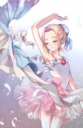  arm_up ashita_no_nadja ballerina ballet blonde_hair brooch closed_eyes cosplay facing_viewer female heart heart_brooch heart_pendant highres jewelry leotard nadja_applefield official_alternate_costume pantyhose simple_background solo standing suzuki_(2red_moon3) tutu white_leotard 