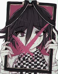  1boy black_eyes black_hair blood checkered_clothes checkered_scarf closed_mouth danganronpa_(series) danganronpa_v3:_killing_harmony flipped_hair grey_jacket hair_between_eyes highres holding_frame iei jacket long_sleeves male_focus medium_hair oma_kokichi pink_background pink_blood qing_yue scarf smile solo sweat white_background 