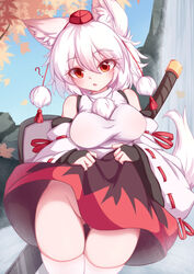  ? absurdres animal_ear_fluff animal_ears ass_visible_through_thighs autumn_leaves bad_id bad_pixiv_id bare_shoulders black_skirt blush branch breasts bridal_gauntlets clothes_lift convenient_skirt detached_sleeves dior-zi female groin hat highres inubashiri_momiji large_breasts looking_at_viewer multicolored_clothes multicolored_skirt no_panties open_mouth pom_pom_(clothes) red_eyes red_skirt ribbon-trimmed_sleeves ribbon_trim shield shirt short_hair skirt skirt_lift sleeveless sleeveless_shirt solo stone sword tail thigh_gap thighhighs tokin_hat touhou tree turtleneck water waterfall weapon white_hair white_shirt white_thighhighs wolf_ears wolf_tail 