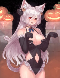  :d absurdres animal_ear_fluff animal_ears animal_hands bare_shoulders bell black_gloves black_leotard blush breasts cat_ears cat_girl cat_tail cleavage clothing_cutout collarbone cosplay cowboy_shot elbow_gloves embarrassed eyelashes female frilled_gloves frilled_leotard frills gloves grey_hair hair_bell hair_between_eyes hair_ornament halloween halterneck highres jack-o&#039;-lantern jingle_bell king&#039;s_raid kirze large_breasts leotard lilia_(king&#039;s_raid) lilia_(king&#039;s_raid)_(cosplay) long_hair looking_at_viewer navel navel_cutout neck_bell nervous_smile open_mouth paw_gloves paw_pose red_eyes side_cutout smile solo sweatdrop swept_bangs tail yu_mochi_(kamiinu) 