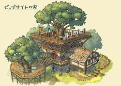  absurdres commentary_request day deck_(architecture) fantasy highres original outdoors poppo_sutchy queue scenery stairs tokyo_big_sight translated tree tree_stump 