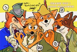  &quot;honest&quot;_john_foulfellow 2019 anthro black_nose br&#039;er_fox canid canine clothed clothing crossover disney fox fur gloves group handwear hat headgear headwear hi_res japanese_text male mammal nick_wilde pinocchio red_fox robin_hood robin_hood_(disney) simple_background song_of_the_south text true_fox uochandayo zootopia 