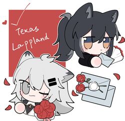  2girls animal_ears antenna_hair arknights black_hair black_jacket blush bouquet character_name commentary_request cropped_torso ear_piercing envelope flower grey_eyes grey_hair hair_between_eyes hair_ornament hairclip highres holding holding_bouquet holding_envelope jacket lappland_(arknights) lappland_(refined_horrormare)_(arknights) long_hair looking_at_viewer love_letter multiple_girls official_alternate_costume one_eye_closed petals piercing ponytail red_flower red_shirt shirt smile texas_(arknights) texas_(willpower)_(arknights) upper_body wax_seal white_jacket wolf_ears xijian yellow_eyes 