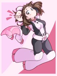  absurdres arm_behind_head bad_id bad_pixiv_id belt blush blush_stickers bodysuit boku_no_hero_academia boots breasts brown_eyes brown_hair closed_mouth commentary_request female full_body helmet high_heel_boots high_heels highres jipponwazaari large_breasts looking_at_viewer open_mouth pink_background pink_nails red_background short_hair simple_background solo superhero_costume uraraka_ochako visor_cap white_background white_belt 