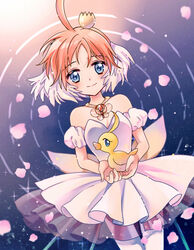  ahiru_(duck)_(princess_tutu) ahoge animal ballerina bird blue_eyes crown dress duck female highres holding holding_animal holding_bird huge_ahoge jewelry lying mini_crown necklace on_back orange_hair pantyhose princess_tutu princess_tutu_(character) ripples smile suzuki_(2red_moon3) tutu water white_dress 