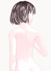  akegata_tobari back back_focus black_hair commentary completely_nude female from_behind highres looking_away nape nude original short_hair simple_background solo upper_body white_background 