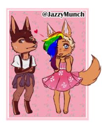  2019 anthro blue_eyes blush canid canine canis choker clothed clothing collar digital_media_(artwork) domestic_cat domestic_dog dress duo ear_piercing felid feline felis female fur hair jazzymunch jewelry lgbt_pride looking_at_viewer male mammal mia_dyke_(character) multicolored_hair necklace open_mouth piercing pride_color_hair pride_colors rainbow rainbow_hair rainbow_pride_colors simple_background six-stripe_rainbow_pride_colors smile tongue tongue_out wolky 