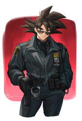  1boy artist_name belt black_belt black_gloves black_hair black_jacket black_pants black_shirt character_name closed_mouth cuffs dragon_ball dragon_ball_super gloves gun hand_in_pocket handcuffs highres holster holstered jacket korean_commentary looking_at_viewer male_focus minor_(minor2730) necktie new_york_city_police_department pants police police_uniform policeman shirt short_hair smile solo son_goku spiked_hair sunglasses uniform walkie-talkie weapon 