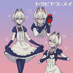  1boy alien apron blue_thighhighs blush byackopath byackopath_(artist) colored_skin crossdressing dress elbow_gloves food food_on_face frilled_apron frills gloves grin hair_between_eyes heart heart_hands ketchup ketchup_bottle maid maid_apron maid_headdress male_focus male_maid one_eye_closed original otoko_no_ko red_eyes smile solo thighhighs white_apron white_hair white_skin 