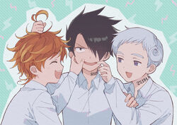  2boys ahoge arm_up azuki_(aduki) black_eyes black_hair blue_eyes closed_eyes emma_(yakusoku_no_neverland) female forced_smile grabbing_another&#039;s_hair green_background hair_over_one_eye hand_on_another&#039;s_arm hand_on_another&#039;s_face highres lightning_bolt_symbol long_sleeves multiple_boys neck_tattoo norman_(yakusoku_no_neverland) number_tattoo open_mouth orange_hair ray_(yakusoku_no_neverland) shirt short_hair striped striped_background tattoo teeth upper_body upper_teeth_only wavy_hair white_hair white_shirt yakusoku_no_neverland 