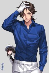  1boy bad_id bad_pixiv_id belt black_hair blue_shirt fate/grand_order fate_(series) female gloves hair_over_one_eye hat highres japanese_clothes koha-ace long_hair long_sleeves looking_at_viewer male_focus oryou_(fate) ponytail red_eyes sakamoto_ryouma_(fate) scarf shirt signature simple_background smile solo_focus sora_yoshitake_yuda very_long_hair white_gloves white_headwear 