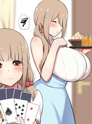  2girls bare_shoulders blonde_hair blue_skirt blush bowl breasts card closed_eyes closed_mouth commentary cup curtains drinking_glass food hanabi_(ocha) hands_on_own_chest highres holding holding_tray huge_breasts large_breasts long_hair low_tied_hair mature_female multiple_girls original playing_card pov ribbed_shirt shirt sidelocks skirt sleeveless sleeveless_shirt smile snack tray turtleneck 