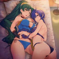  2girls ass ass_visible_through_thighs bed breasts cleavage commentary_request fire_emblem fire_emblem:_the_blazing_blade fire_emblem_heroes green_eyes green_hair highres holding_hands interlocked_fingers long_hair looking_at_viewer lying lyn_(fire_emblem) lyn_(summer)_(fire_emblem) medium_breasts multiple_girls ponytail purple_eyes purple_hair sajittari short_hair swimsuit ursula_(fire_emblem) ursula_(summer)_(fire_emblem) 