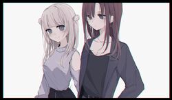  2girls bad_id bad_twitter_id bare_shoulders black_border black_jacket black_shirt black_skirt border breasts brown_hair chromatic_aberration cleavage clothing_cutout commentary_request double_bun grey_background grey_eyes grey_shirt hair_bun highres jacket kazakami_saaya long_hair long_sleeves medium_breasts multiple_girls open_clothes open_jacket outline sakura_no_sekai shirt shoulder_cutout simple_background skirt tsuruse two_side_up utsumi_sakura 