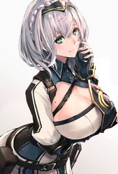  arm_under_breasts armor belt belt_buckle black_gloves blue_collar braid breasts buckle buttons chest_belt cleavage cleavage_cutout closed_mouth clothing_cutout collar commentary_request female finger_to_cheek fingerless_gloves gloves gold_trim green_eyes grey_hair hair_between_eyes highres hololive huge_breasts looking_at_viewer medium_hair mille_(dieci) mole mole_on_breast o-ring shirogane_noel shirogane_noel_(1st_costume) solo utility_belt virtual_youtuber wavy_hair white_background 