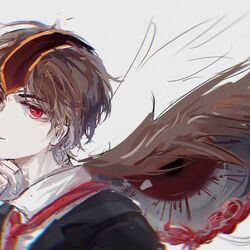  1other allergy androgynous black_suit brown_hair collared_shirt eye_focus formal headgear jacket kokutenshi_hibaru len&#039;en necktie other_focus red_eyes red_necktie shirt short_hair suit white_background white_shirt wings xuan9119 