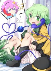  2girls black_headwear bloomers blush foot_out_of_frame green_eyes green_hair green_skirt hairband hat heart highres komeiji_koishi komeiji_satori long_sleeves multiple_girls open_mouth pechimaru purple_eyes shirt short_hair siblings sisters sitting skirt spoken_character third_eye touhou underwear unworn_hat unworn_headwear wide_sleeves yellow_shirt 